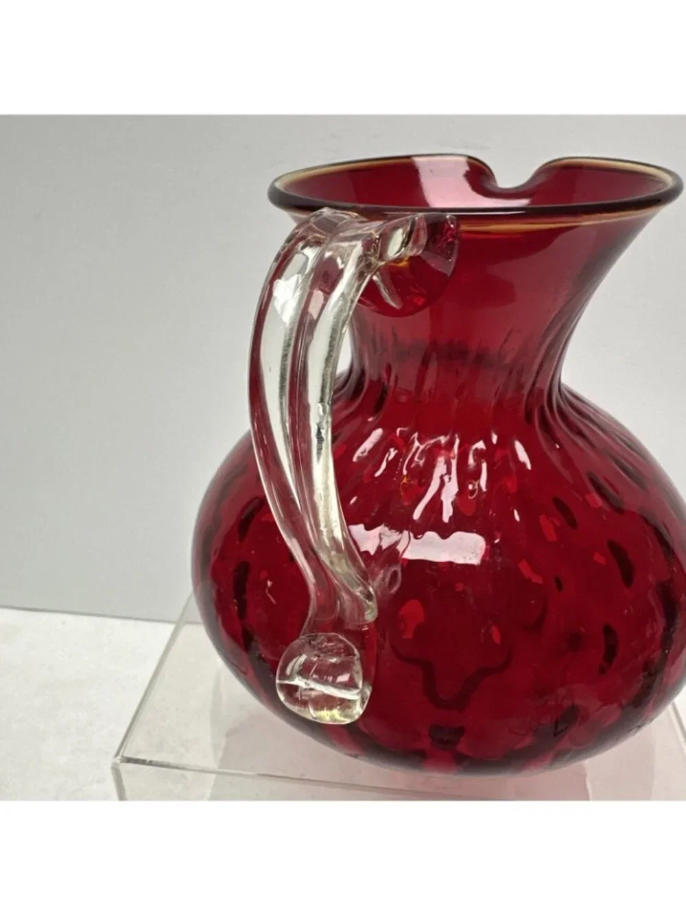 Pilgrim Glass Ruby Red Quilted Optic Pitcher Handle Rim Glows Hand Blown 5”